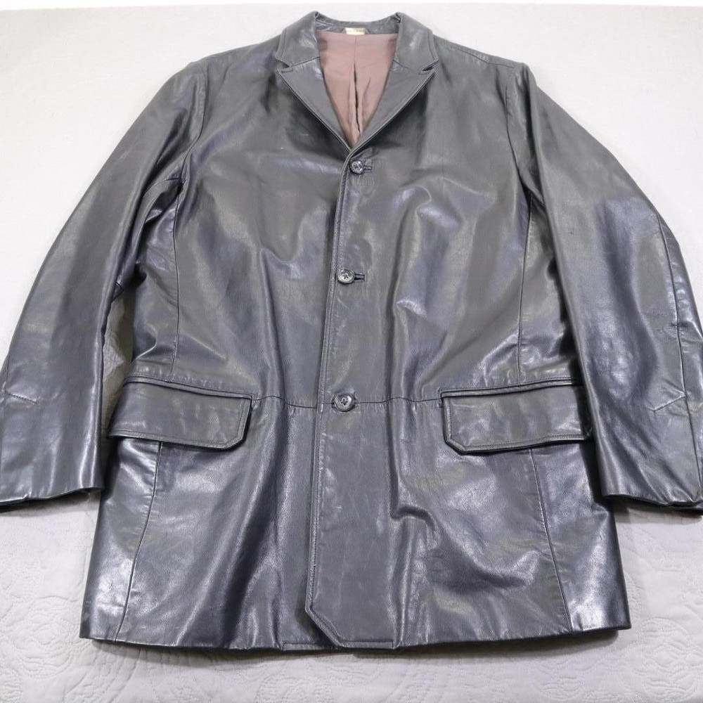 Banana Republic Leather Jacket Mens Medium Black 3 Button Overcoat Lined Long