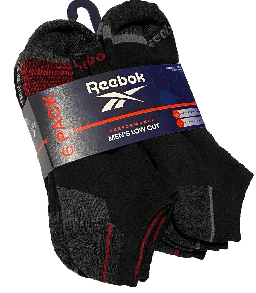 Reebok  Men's  6-Pair Performance Low Cut  Socks   Black/Gray/Red