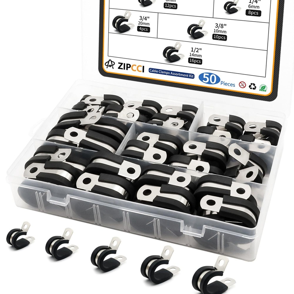 Cable Clamps Assortment Kit 50 Pack Stainless Steel Wire Clamp Rubber Metal Hose