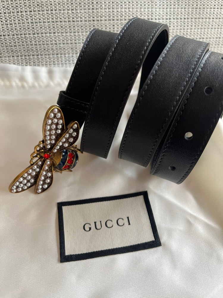 Gucci Bee Black Leather Skinny Belt for Women Size 95 cm Fits 24-26 Waist Includes Box