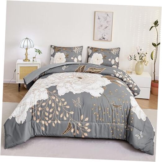 3 Pieces Floral Print Bedding Set Queen White Flowers Queen(3Pcs) Dark Grey