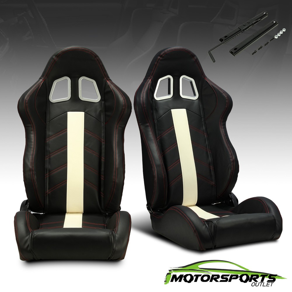 2 x Reclinable Racing Seats Pair Black PVC Main White Line Reclinable Seats
