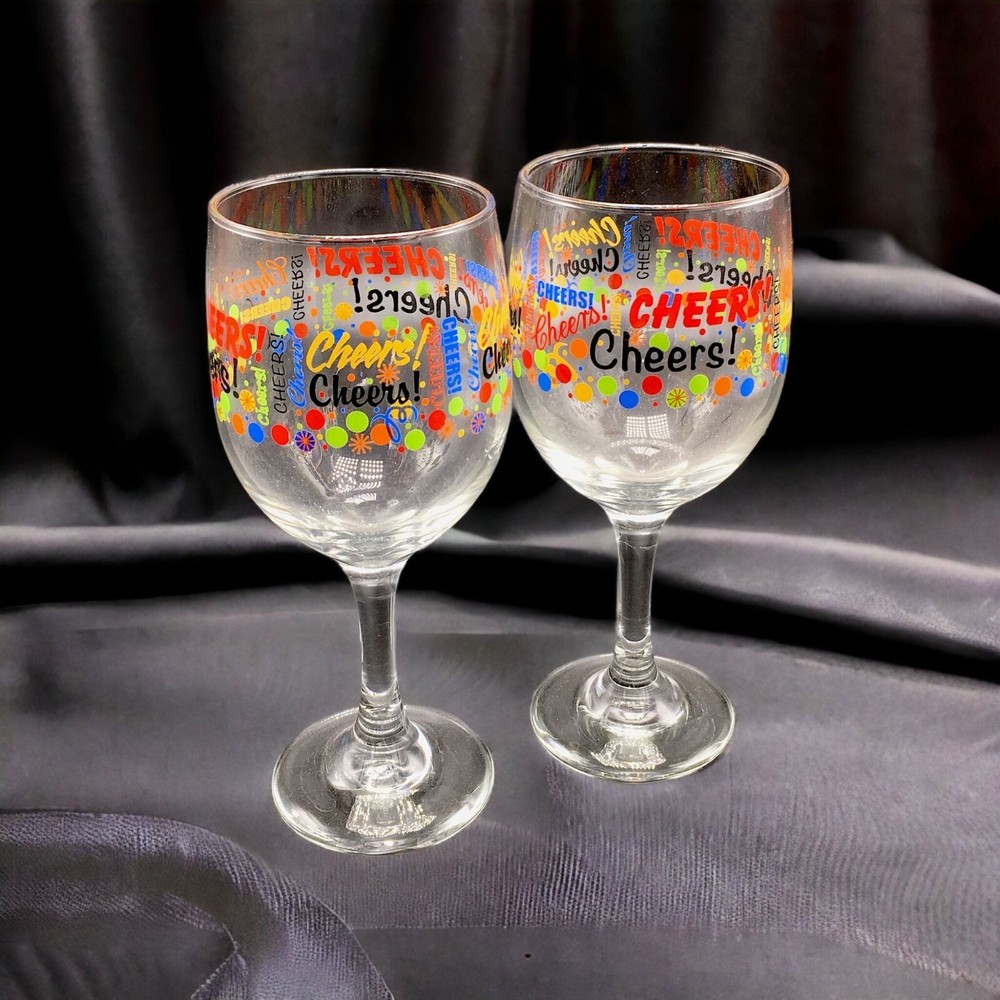 Lot of 2 New Years Glass Goblets CHEERS Colorful Stemware Celebration 7