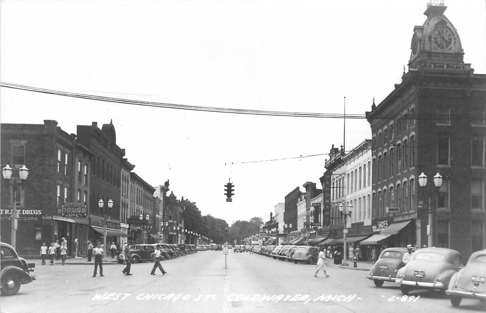 1940s Coldwater Michigan West Chicago Street autos people RPPC Postcard 25-9537