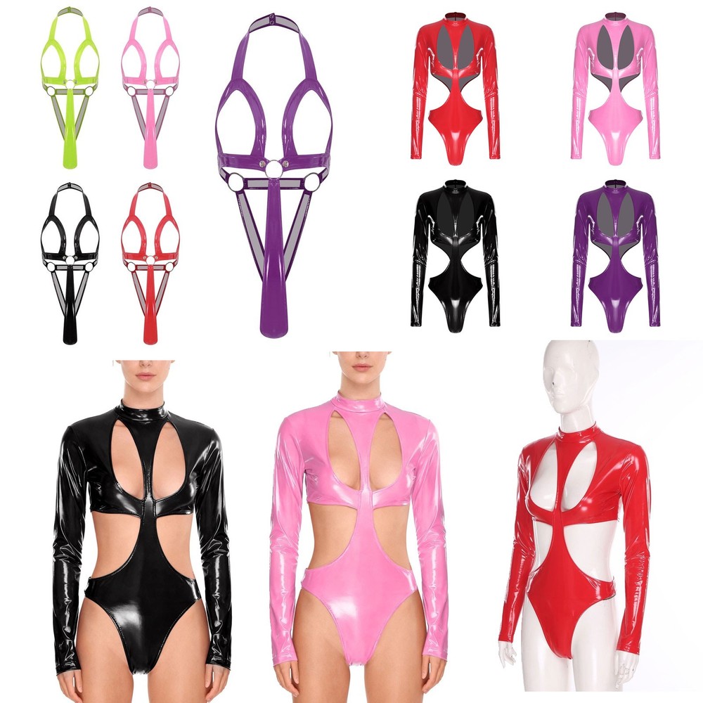 Women Wet Look Cutout Patent Leather Bodysuit Leotard T-Back Clubwear Nightwear