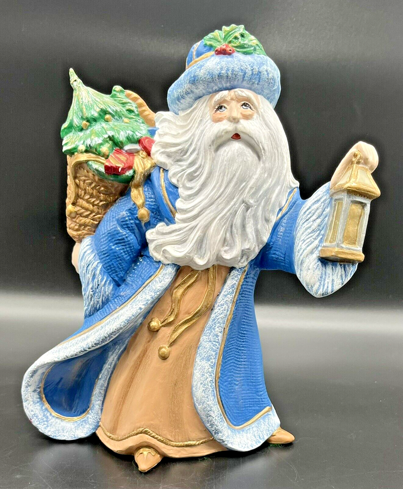 Old World Hand Painted Ceramic Santa Figurine -Tree & Lantern Blue Coat 10-1/2