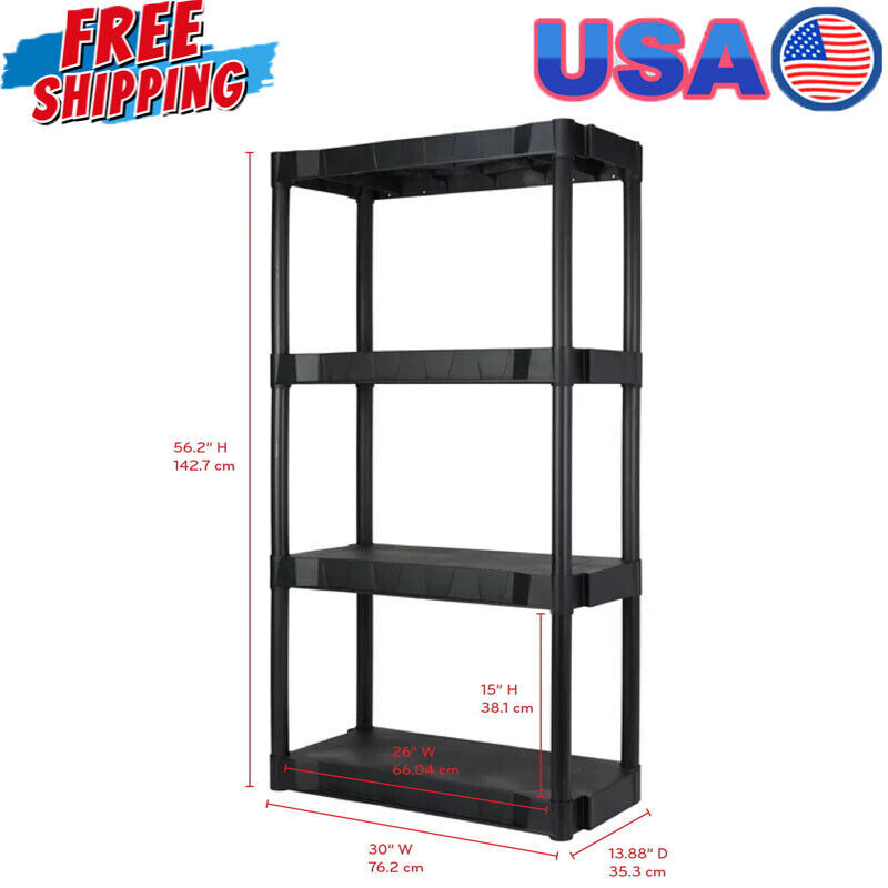 A Plastic Garage Shelves Storage Organizer 4-Tier Shelf Heavy Duty Shelving Unit