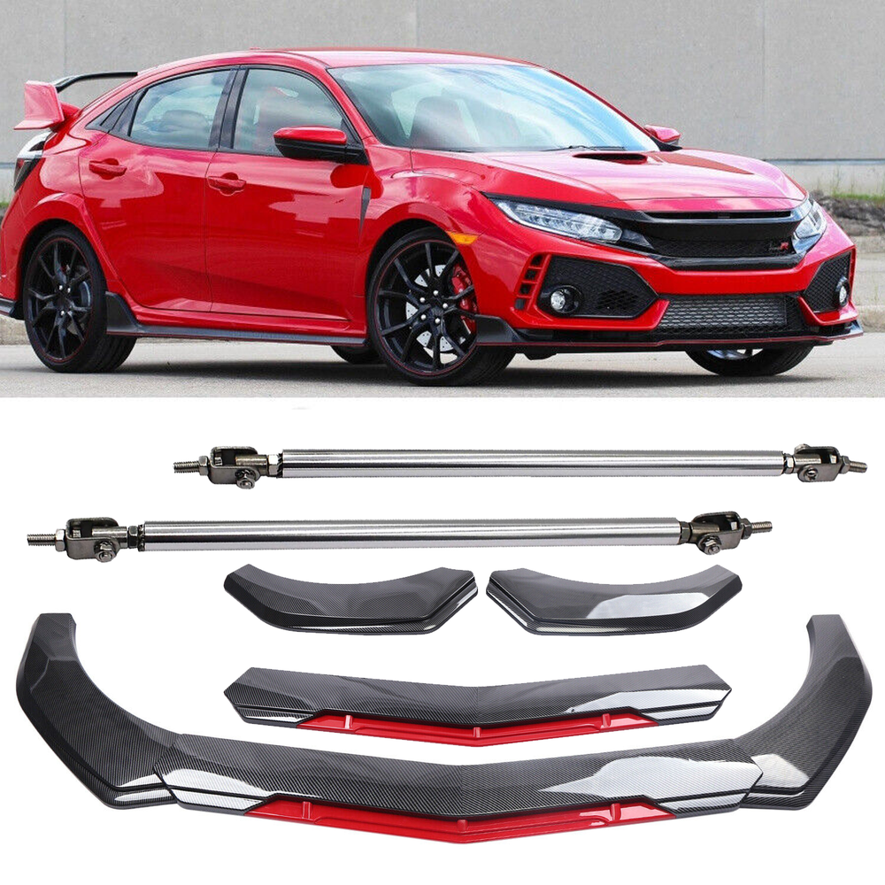 For Honda Insight Red Front Bumper Lip Spoiler Splitter Strut Rod Carbon Fiber