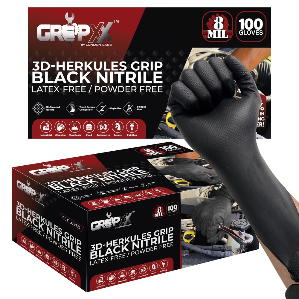 Herkules Grip 8Mil Black Nitrile Gloves with 3D Diamond Texture Heavy Duty