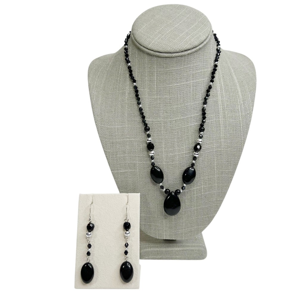 Black Onyx Polished Stone Beaded Necklace & Pierced Earrings Set Teardrop Dangle