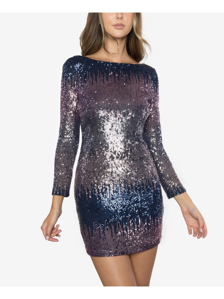 B DARLIN Womens Blue Scoop-back Long Sleeve Mini Body Con Dress Juniors 1\2