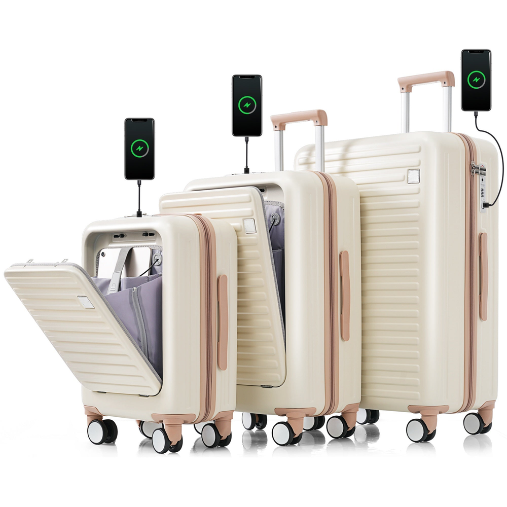 Luggage Set of 3, 20, 24, 28inch with USB Port, 20, ivory and gloden