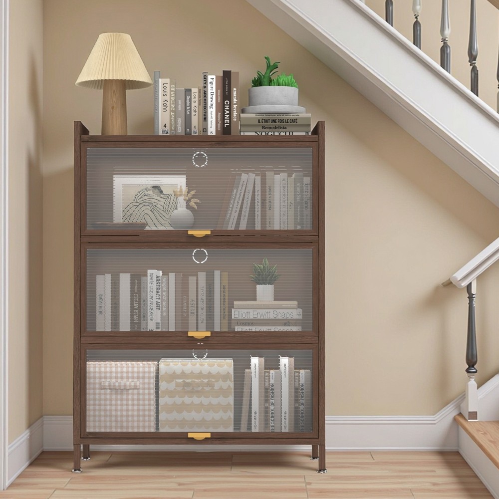 Bookcase with hinged doors, featuring three tiers and spacious compartments.