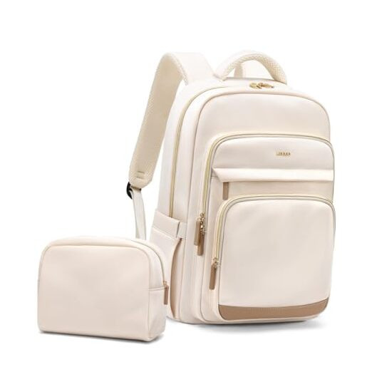Stylish Beige Laptop Backpack for Women with Travel Essentials Set