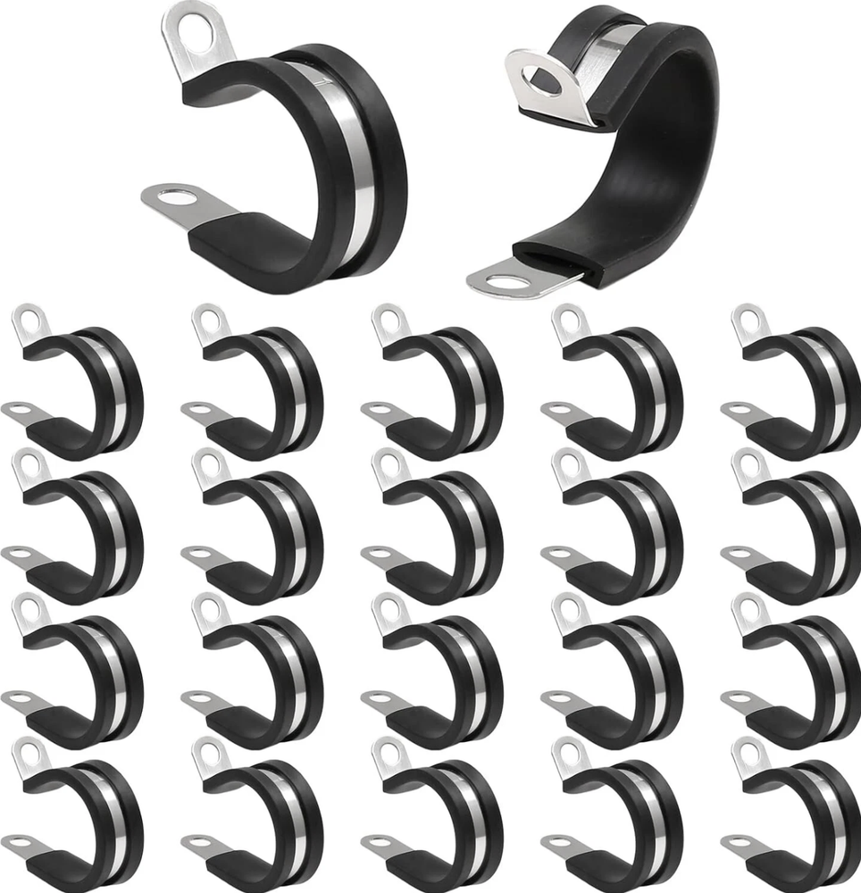 25 PCS 1-Inch Rubber Cushioned Stainless Steel Cable Clamps for Secure Wiring