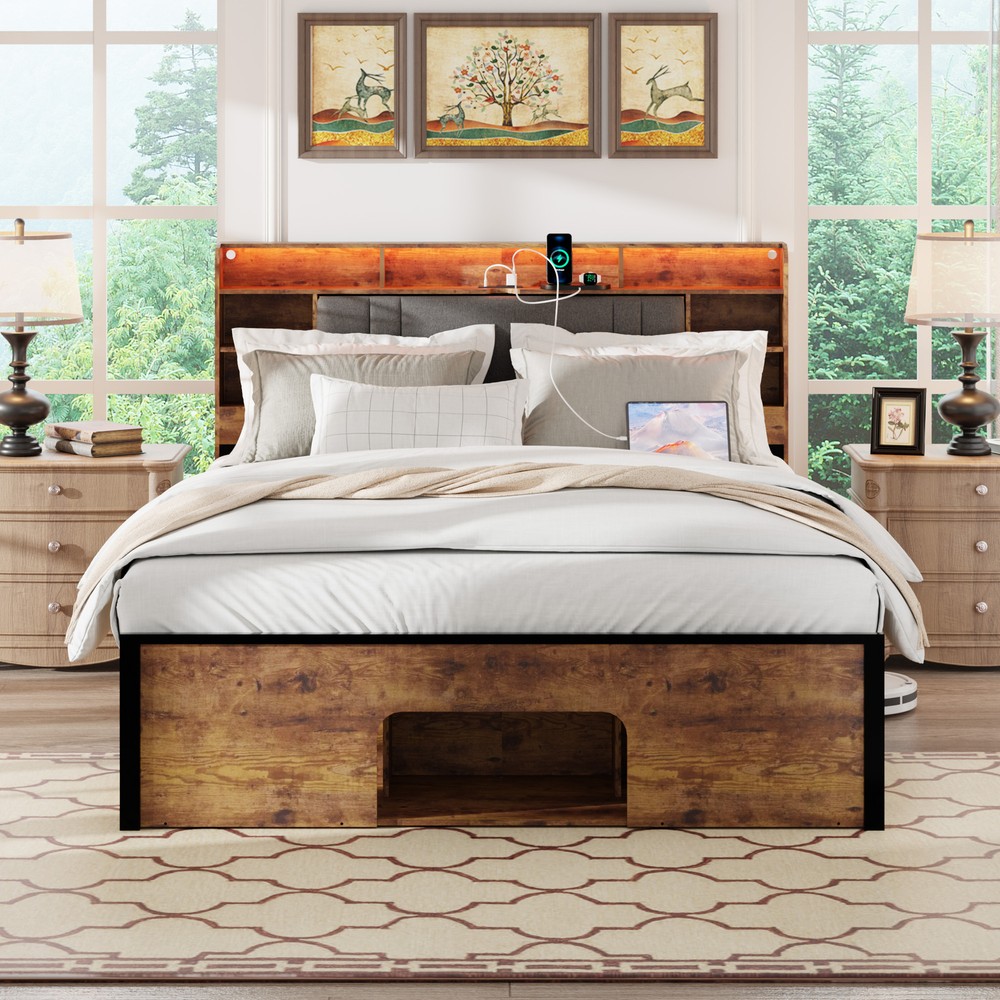 Queen Bed Frame with Upholstered Headboard and Wood Platform,Storage Headboard w