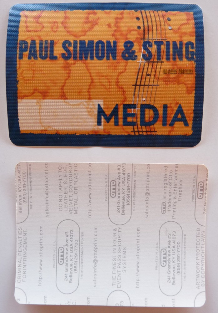 Paul Simon / Sting 2014 Tour Concert Tour Orange Media Backstage Pass