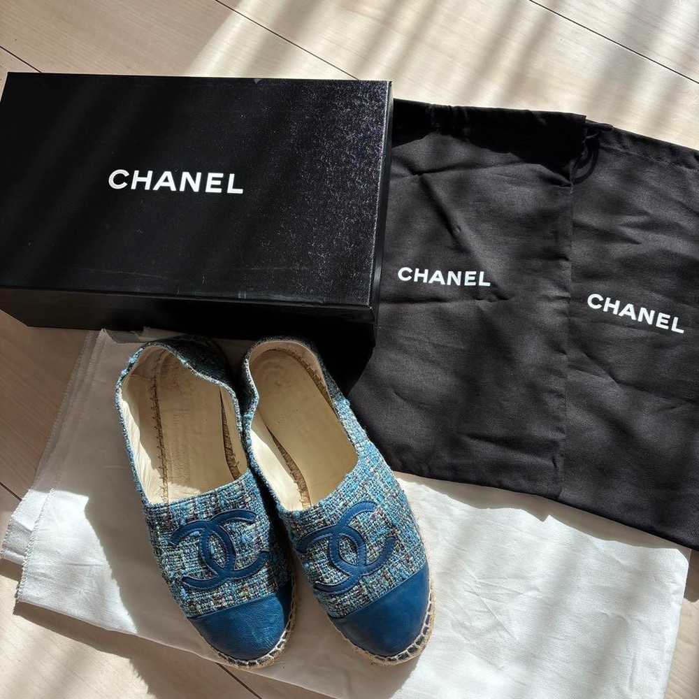 Chanel Blue CC Logo Canvas Espadrilles Flat Shoes Size 37 Pre-Owned Excellent