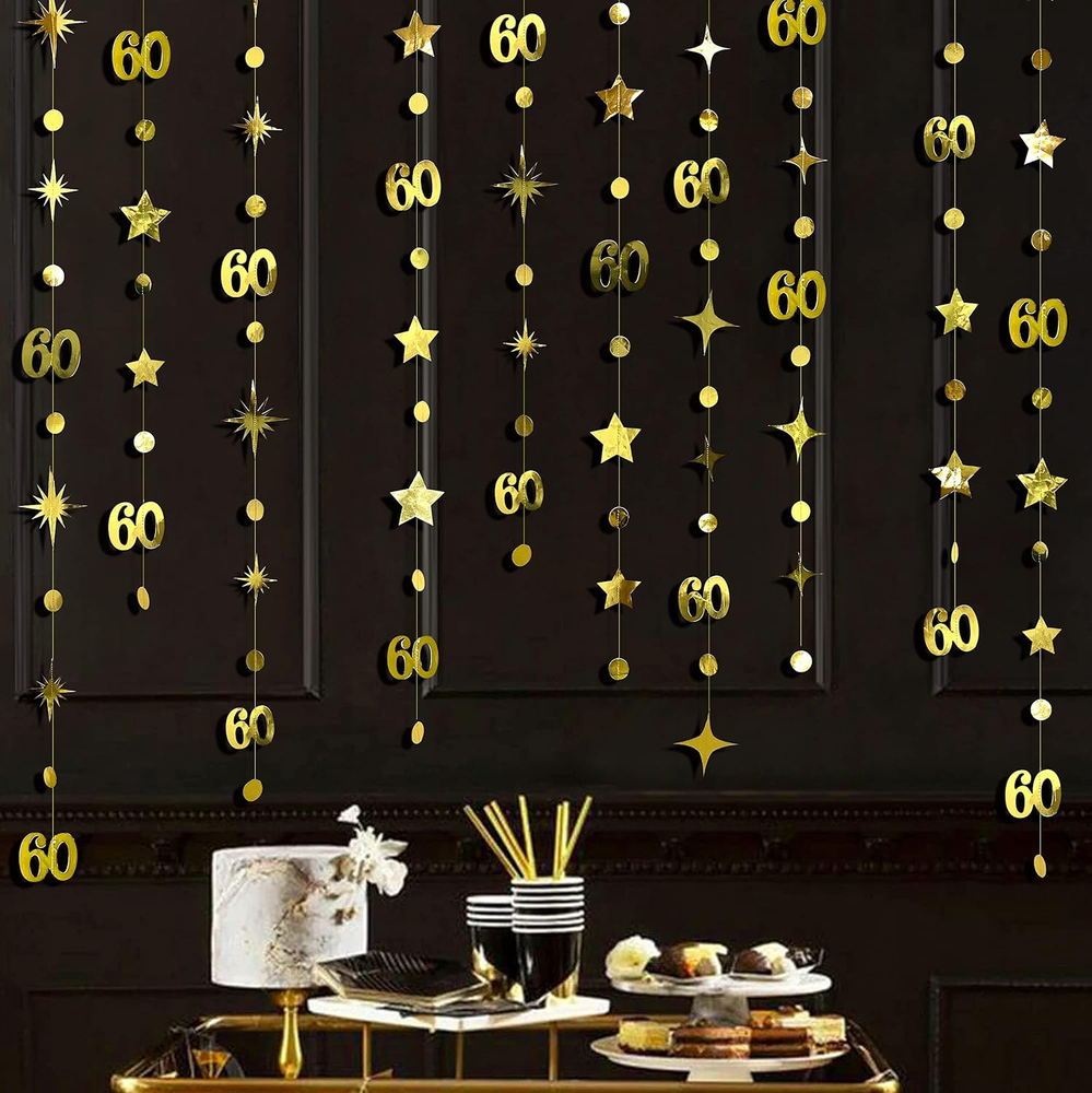 Gold 60th Birthday Decorations Number 60 Glitter Circle Dot Star Garland Metallic Party Decor