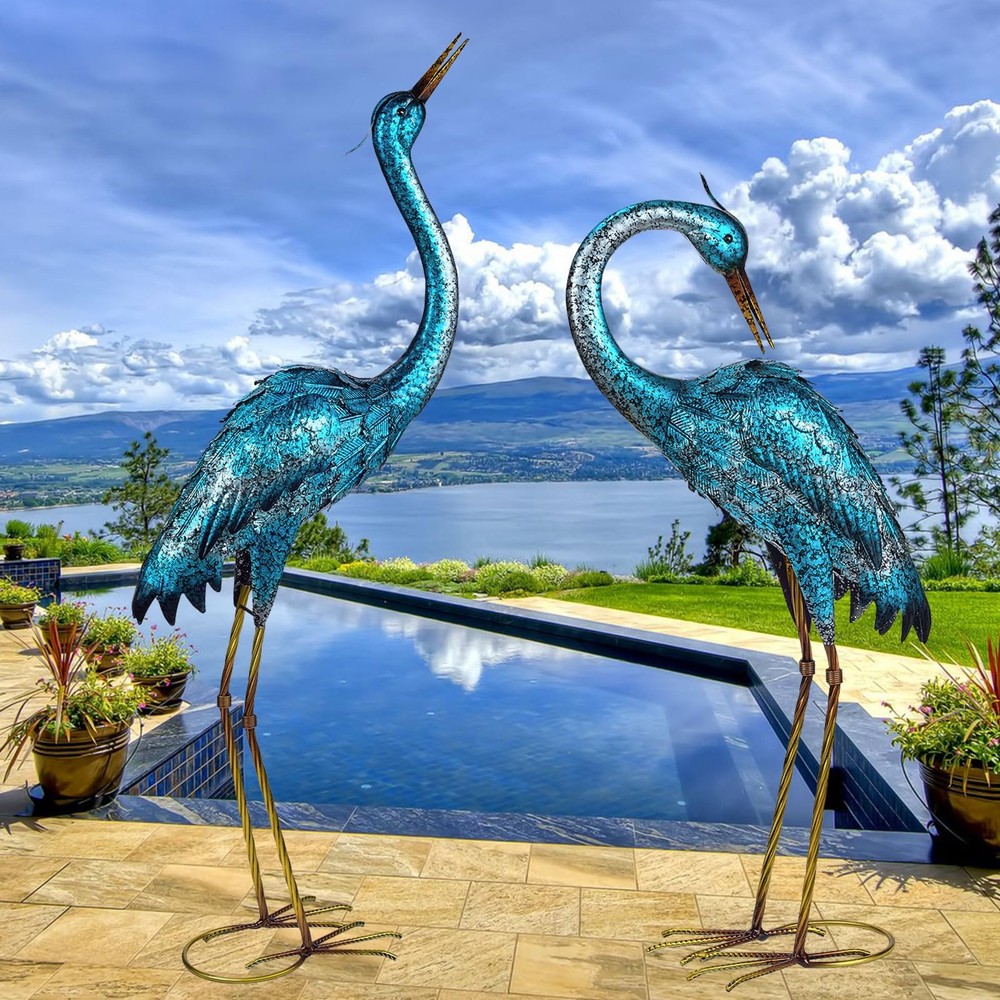 Blue Heron Metal Garden Statue Standing Crane Yard Art Lawn Ornament