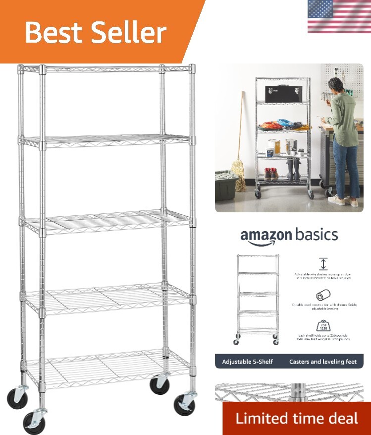 Adjustable 5-Tier Heavy Duty Rolling Shelving Unit with Tool-Free Assembly