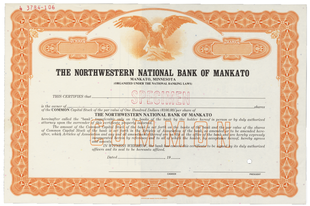 The Northwestern National Bank of Mankato. Stock Certificate.