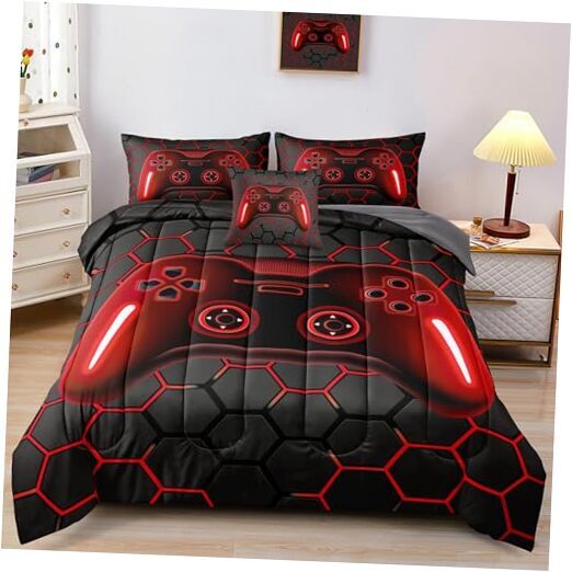 6 Pieces Boys Bedding Set Gamer Bed in A Bag Set Queen Size Comforter with