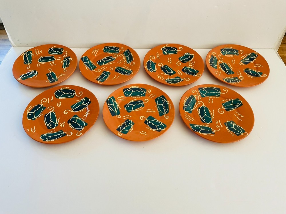 Vintage DANSK Terracotta Fish Salad Plates Hand Painted Portugal Set of 7