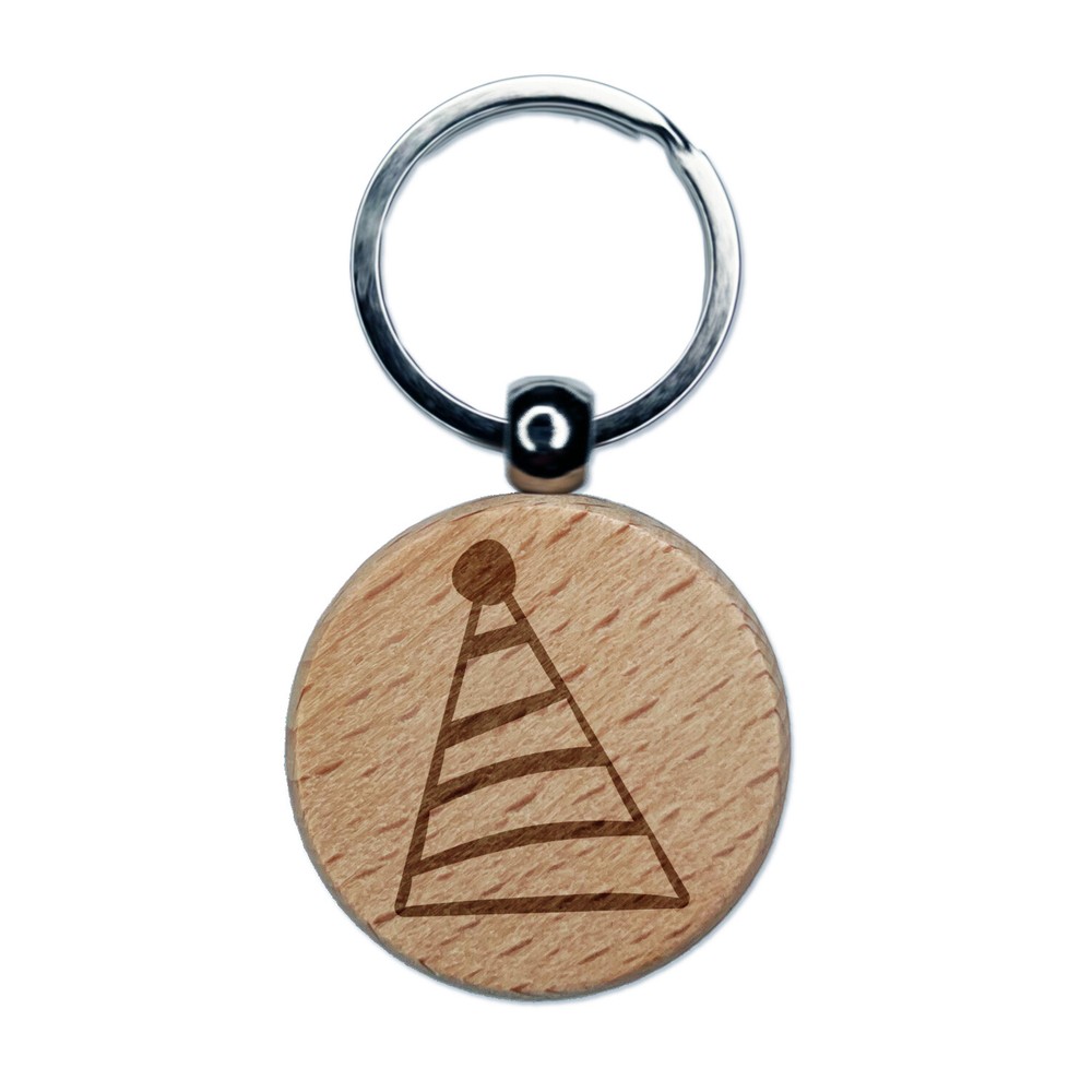 Striped Birthday Hat Engraved Wood Round Keychain Tag Charm