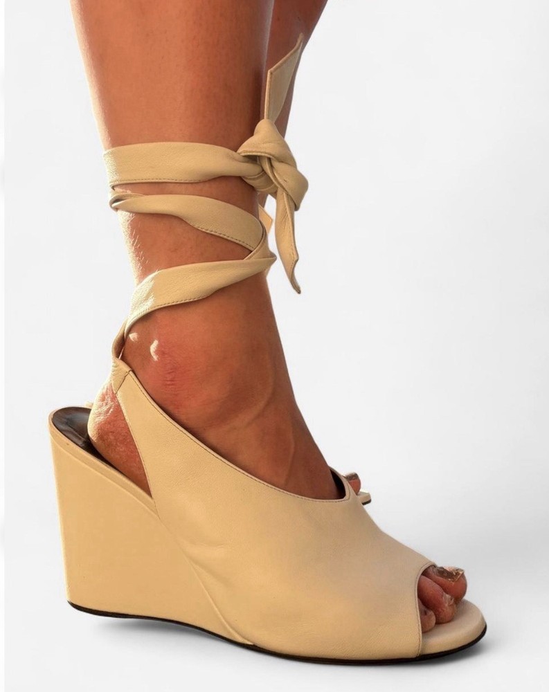 Derek Lam Leather Tie Wedge Slingback Sandals Cream Ankle Strap Women's 10 EU 40