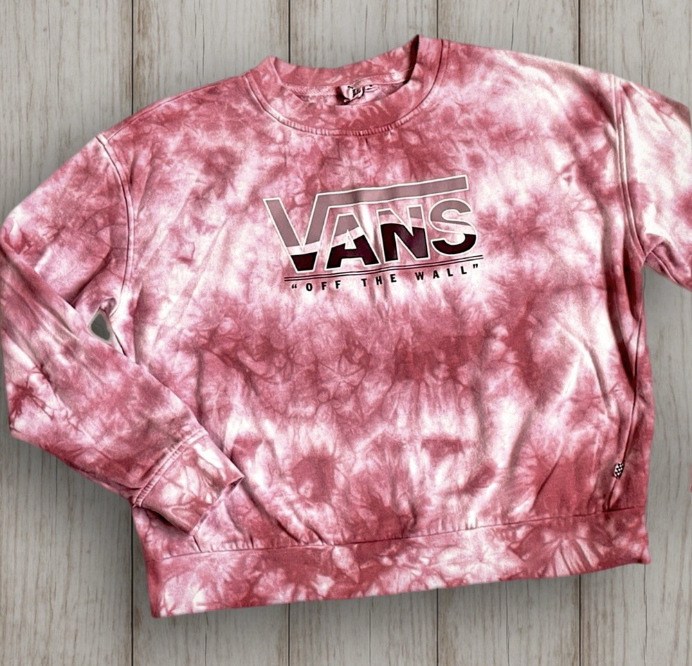 Vans Tie Dye Pink Logo Sweatshirt Womens Medium Fleece Cropped Long Sleeve