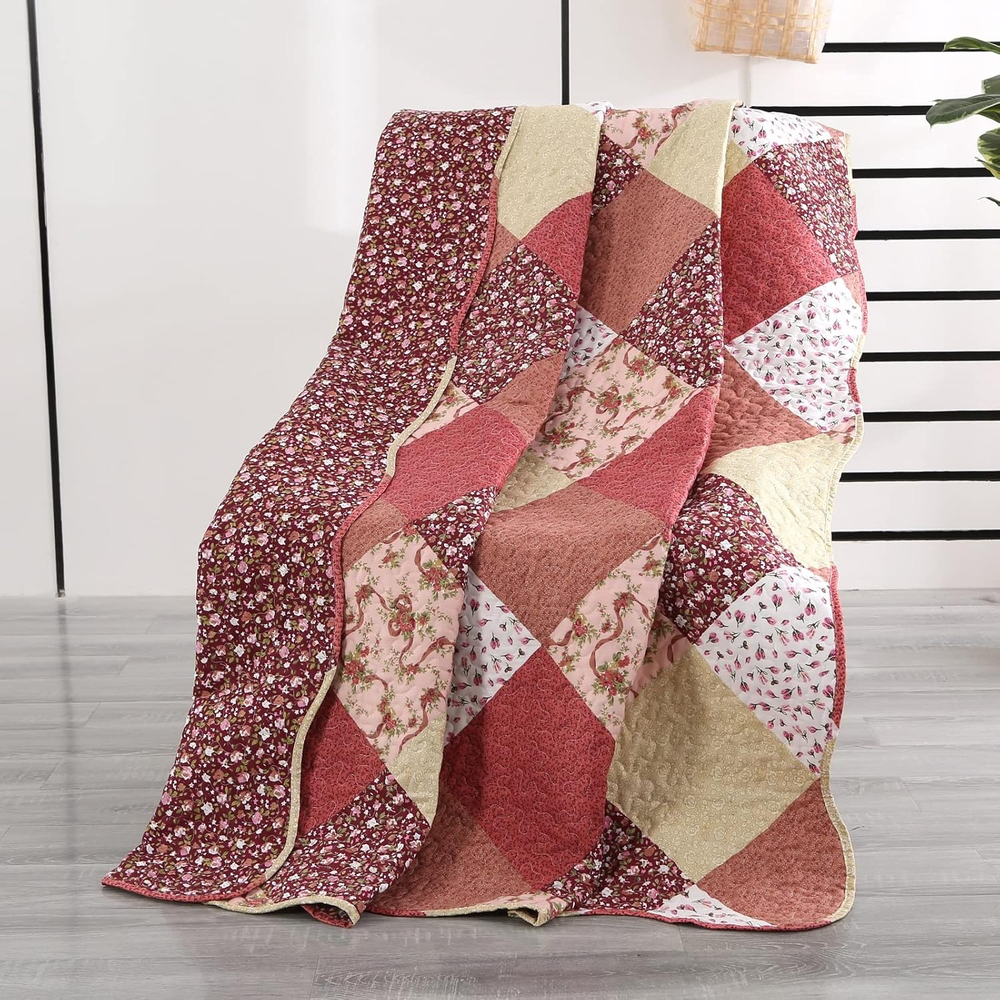Quilted Throw Blanket, 59X79 Inch Patchwork Farmhouse Quilt, Soft Microfiber Rev