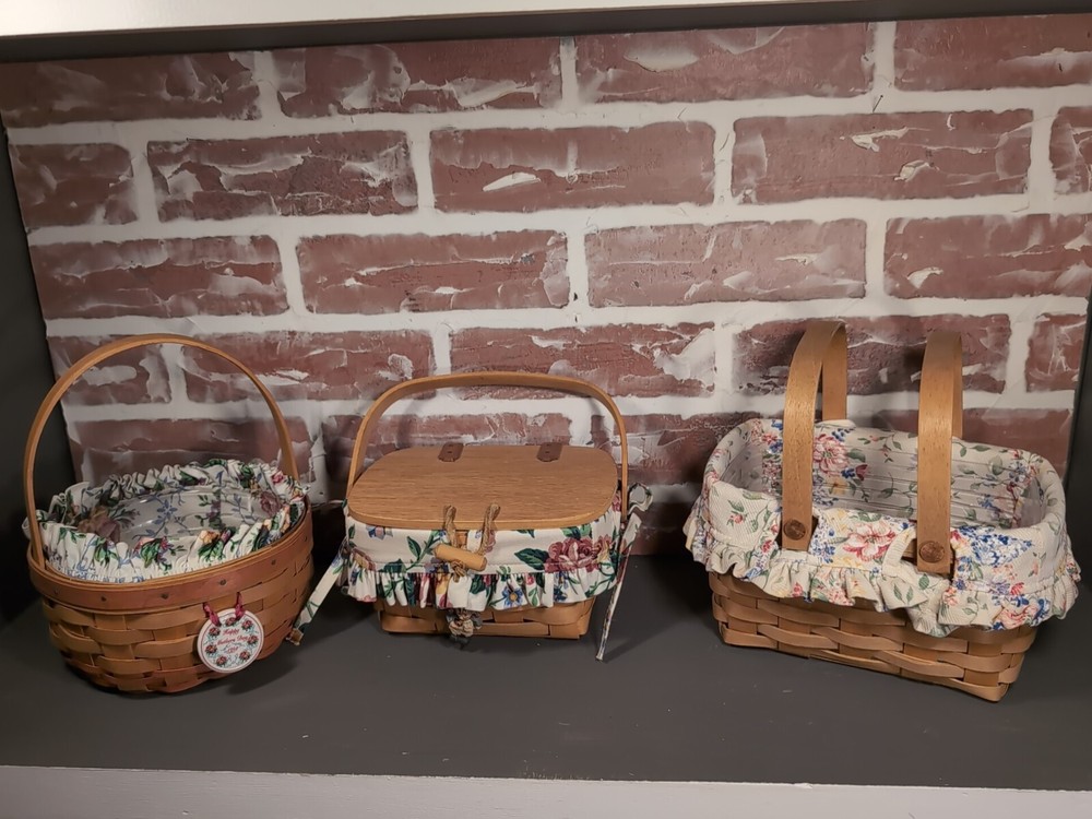 (3) VTG LONGABERGER BASKET LOT EASTER MOTHERS DAY PICNIC HINGED LID W LINERS