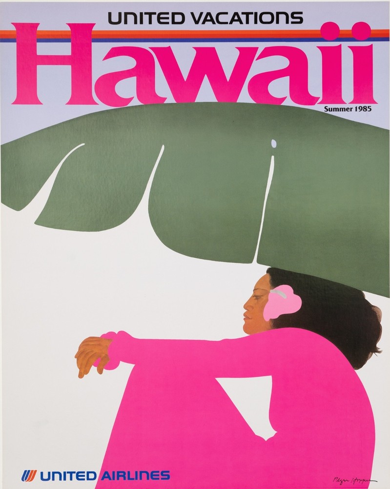 United Airlines Hawaii poster Pegge Hopper 1985 original on linen