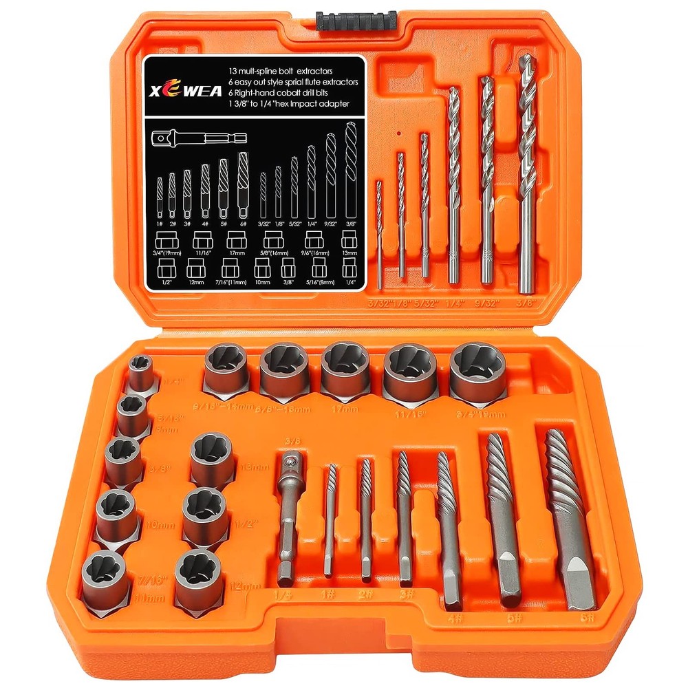 26Pcs Screw Bolt Extractor Set with Right Drill Bits for Easy Broken Lug Removal