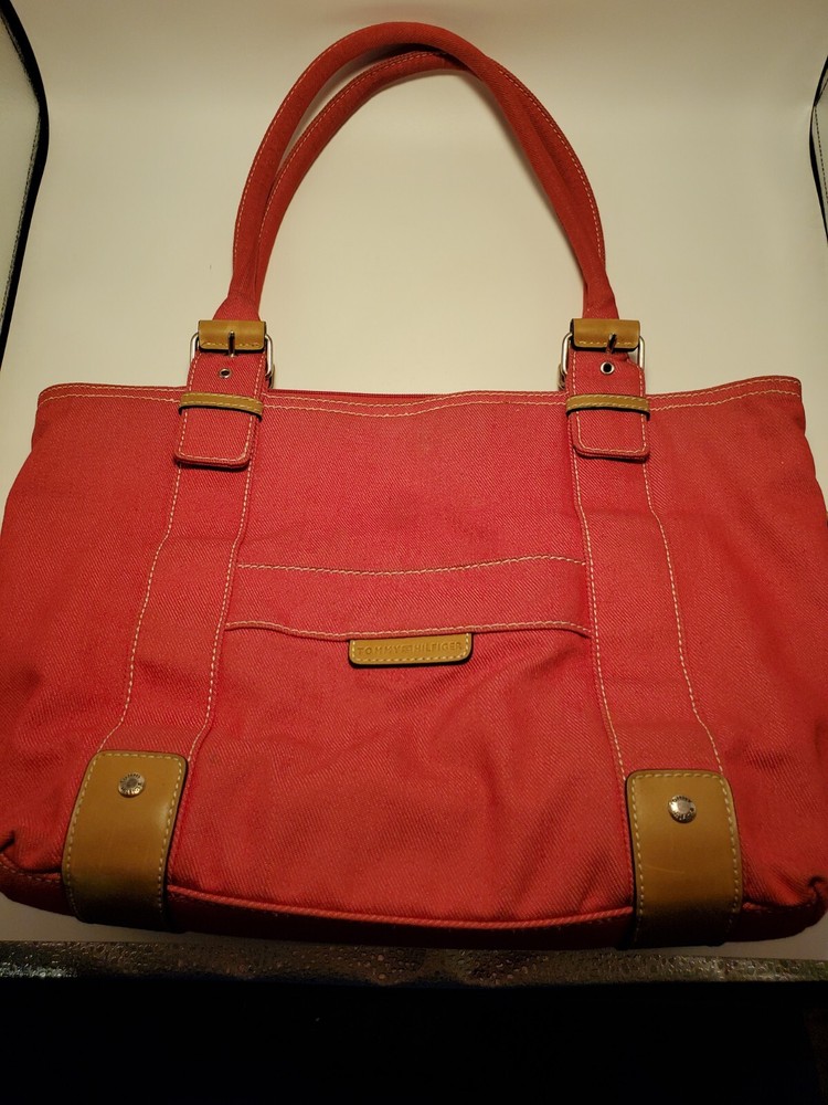 Vintage Tommy Hilfiger Red Denim Shoulder Bag with Tan Trim & Gold Hardware