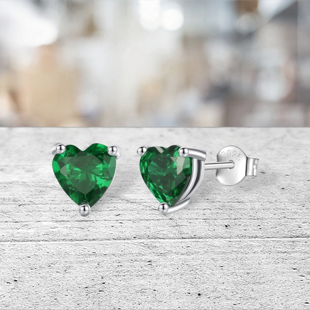 5mm Heart Genuine Emerald Stud Earrings in Sterling Silver- Sturdy Basket Set