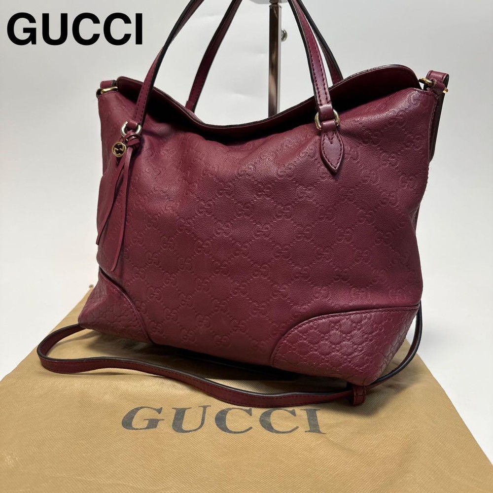 GUCCI GG Shima Leather Tote Bag Bordeaux 2-Way Authentic