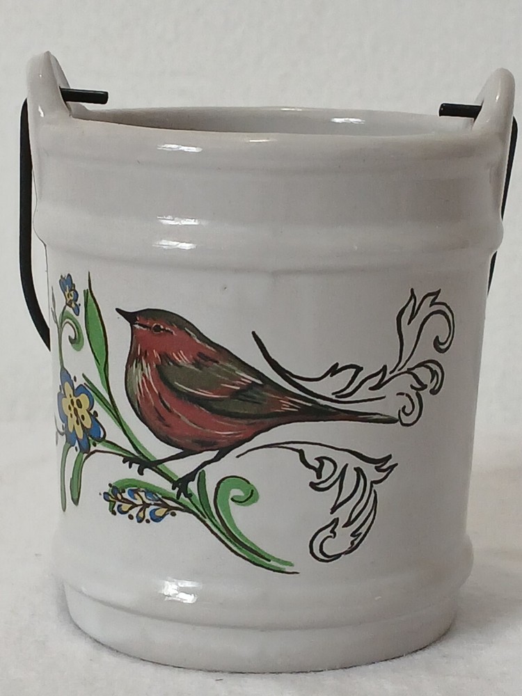 Mini Ceramic Bucket Candle Holder with Red Bird Floral Design and Metal Handle for Spring Cottage Decor  