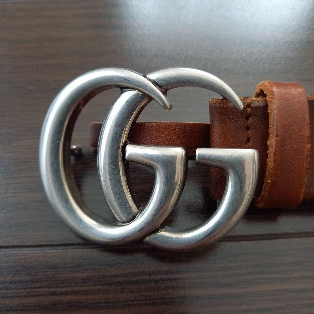 GUCCI Double G Logo Leather Belt Brown Silver Made in Italy Authentic