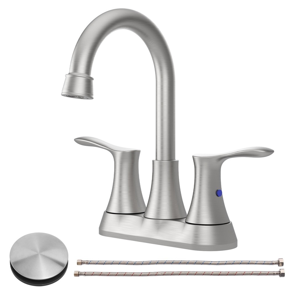 2-Handle Brushed Nickel Centerset Bathroom Faucet with Pop-Up Drain