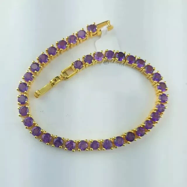 14K Yellow Gold Plated 8Ct Round Cut Lab-Created Amethyst Tennis Bracelet 7.5