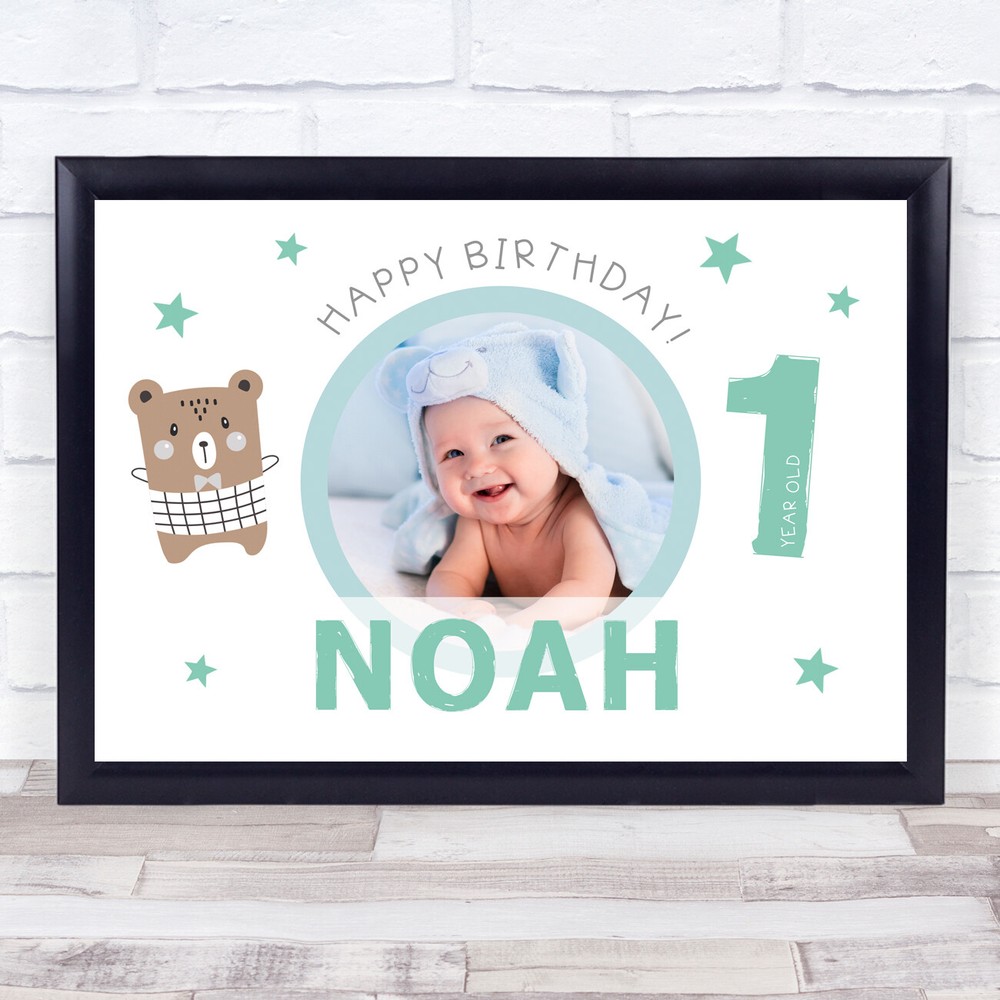 1st Birthday Boy Cute Bear Photo Personalised Gift Art Print