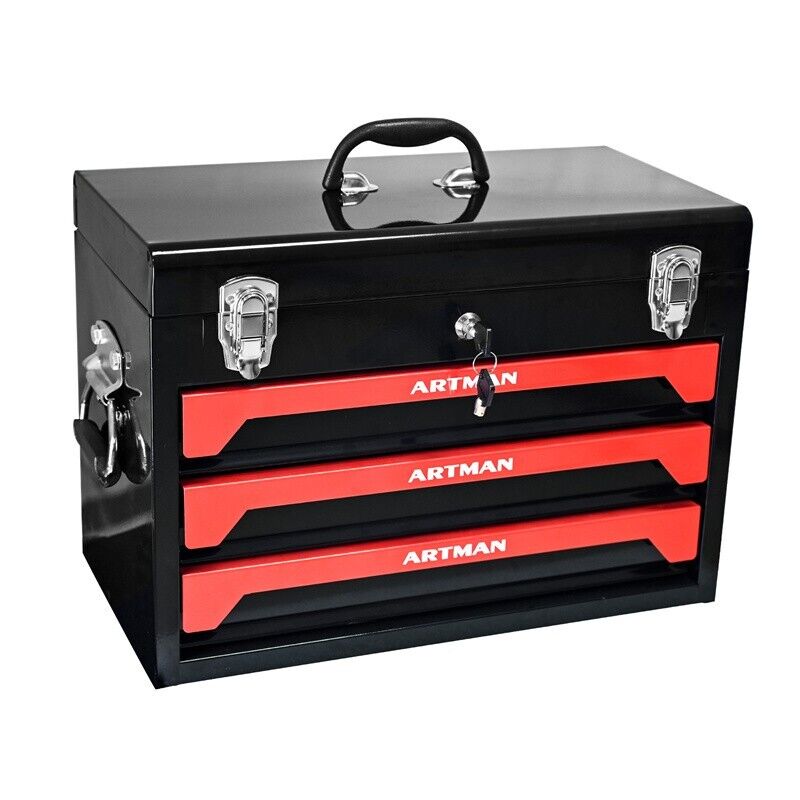 Portable 3 Drawers Tool Box Steel Tool Cabinet Storage Organizer With Lock