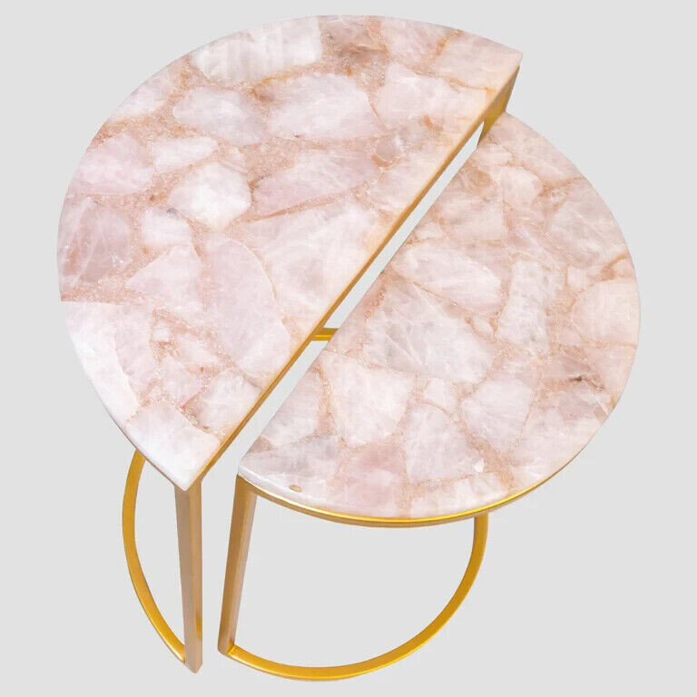 Rose Quartz Nesting Table Top with Agate Quartz Console and Sofa for Christmas-image