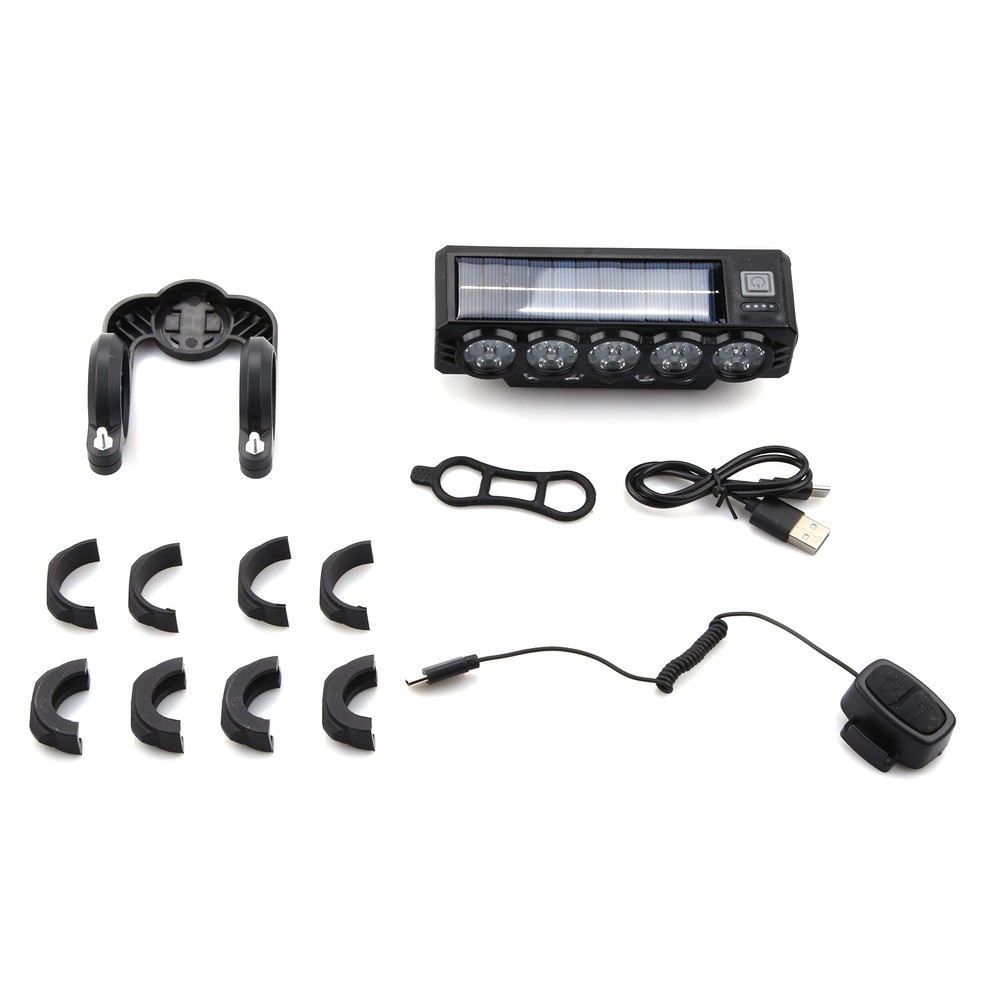 Waterproof Bike Light Solar USB Charging Bicycle Front Headlight 10 LED Horn
