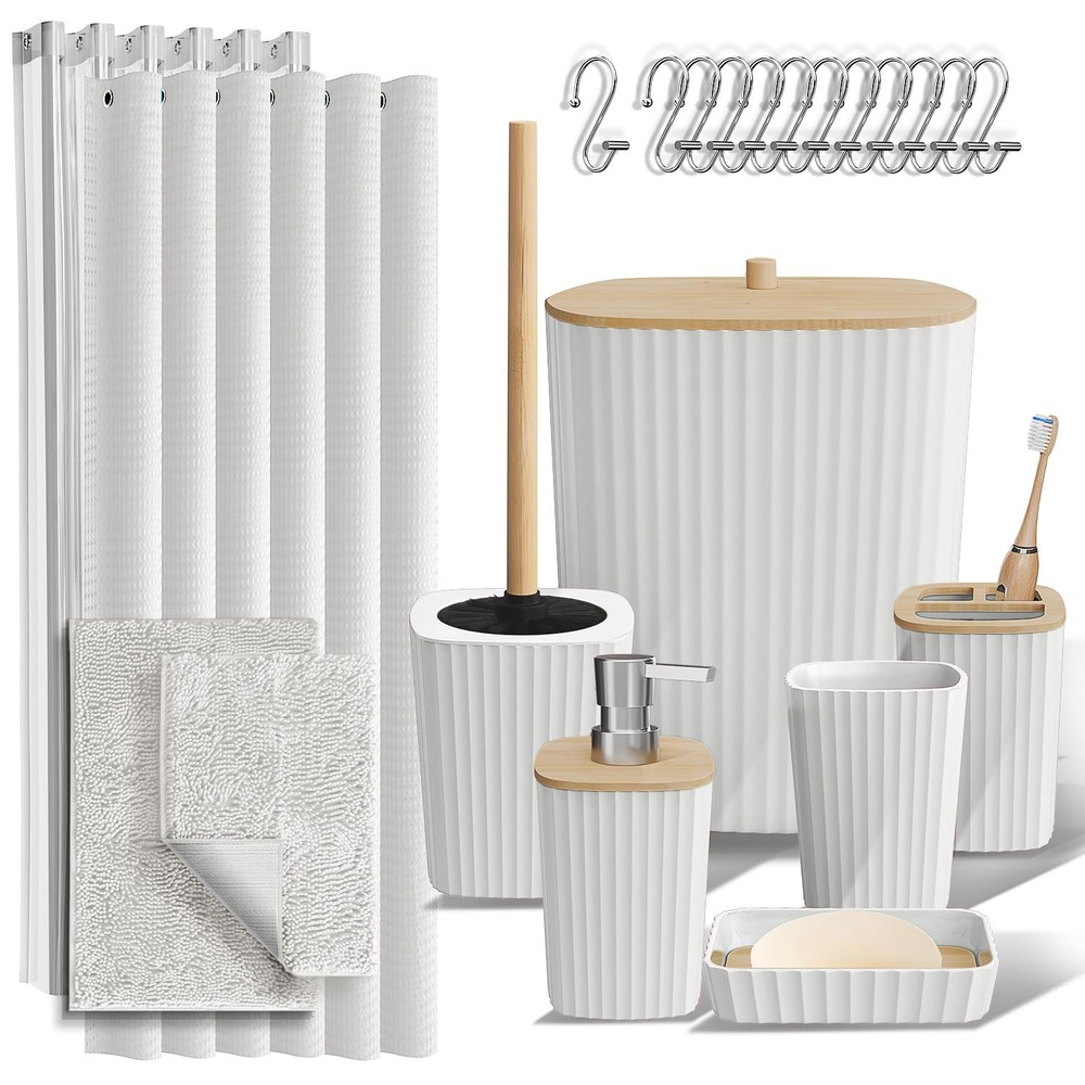 22PC White Bathroom Set w/ Shower Curtain Rugs Trash Can Accessories Decor