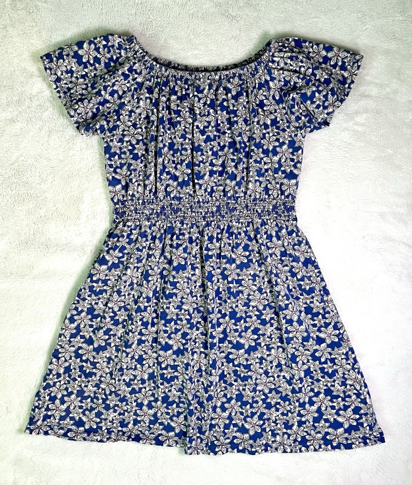 Blue Fit & Flare Dress with White & Pink Flower Pattern, Gap Girls Size Large