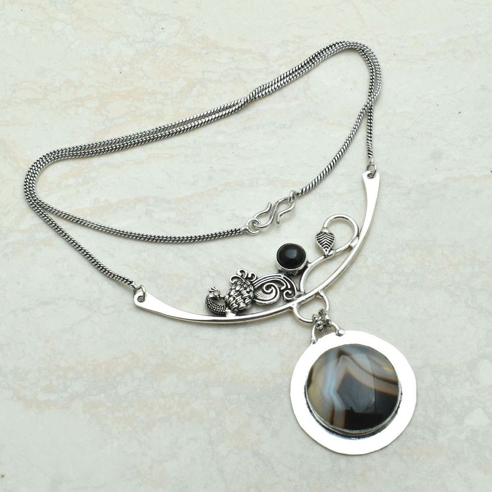 Botswana Agate Black Onyx Handmade Gemstone Necklace 23g AN 68303