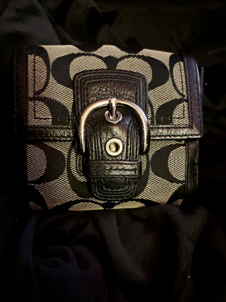 Coach Y2K SoHo Monogram Trifold Wallet Silver Buckle Black Leather Trim
